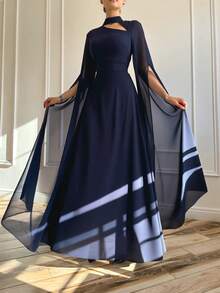 1 件套优雅晚礼服，披肩袖和系带后背，婚礼宾客礼服，女士 - 藏蓝色 - 查看 2