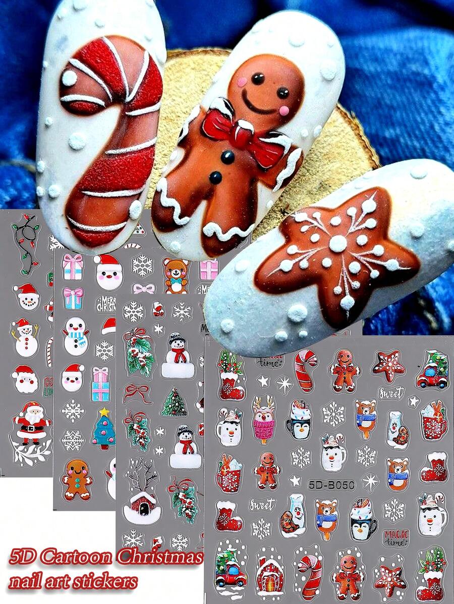 Christmas Santa Claus Nail Stickers 5D Self-Adhesive Snowman Candy Cane Elk Tree Flower Design Nail Art Supplies Winter Xmas Nail Sticker Nail Art For Women Girls DIY Decorations Decor