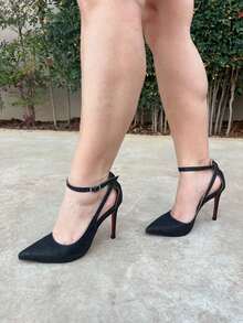 SCARPIN GLITER PRETO COM STRASS SOLA VERMELHA SALTO 11 CM