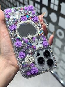 1 szt. Sheer Luxe Pearl Crown Mirror Sparkle Diamond Phone Case Round Bow Mirror Purple Pink Flower Party Phone Back Cover kompatybilny z Galaxy S23 S24 25 Ultra A15 A13 A56 A52 A53 A55 A26 A34 i kompatybilny z 15 12 13 14 16 Plus 17 Pro Max
