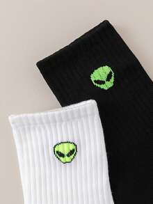 6 Pares de Meias Minimalistas Preto e Branco com Design de Alienígena, Adequadas para Esportes e Uso Casual em Todas as Estações