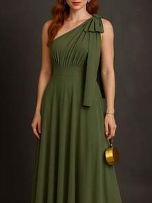 Bridesmaid Dress, Prom, Nude Rose, Terracotta, Serenity, Olive, Black Or Fuchsia, One-Shoulder Bow, Matte - màu xanh ô liu đậm - Xem 2
