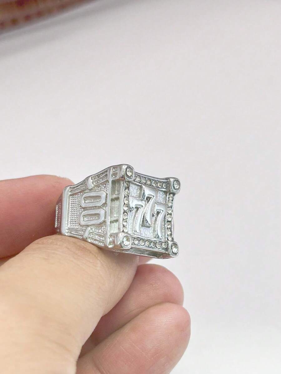 Men's Gold Plated Ring With Lucky Number 777 In Stainless Steel And Lucky Number 00 On The Side - Silver - View 1