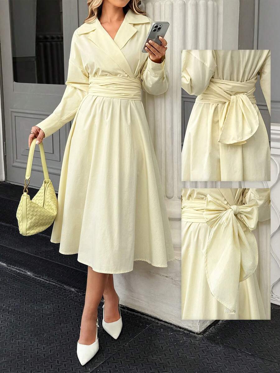 Doriss Elegant Lapel Collar Cross-Tie A-Line Dress, Modest, Suitable For Commuting, Solid Color, Halloween, Old Money Style, Prom Party, Back To School, Elegant Ladies, Court Style, Valentine's Day Outfit, Wedding Season - Light Yellow - View 1