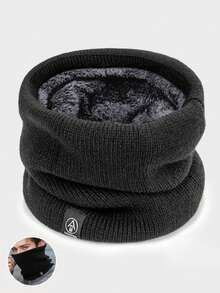 1pc Winter Neck Warmer For Men, Thermal Lined Thick Scarf Balaclava Face Mask Knitted Neck Gaiter - Black - View 7