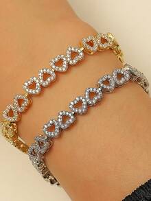 1pc Luxury Heart-Shaped Cubic Zirconia Chain Bracelet, Women's Gold-Plated Bracelet, Suitable For Party, Birthday, Travel Wear, Can Be Given As A Gift To Girlfriend, Friend Or Wife - Bracelet - View 5