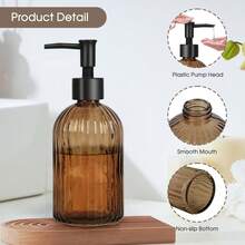 Stripe-Patterened Glass Soap Dispenser With Black Plastic Pump, 400ml Liquid Hand Soap Dispenser, Rustproof Pump For Kitchen & Bathroom, Great For Lotions, Essential Oil, Liquid Soaps-Amber - 茶色 - 查看 3
