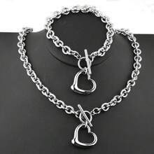 2Pcs Creative Punk Heart-Shaped Pendant Necklace Bracelet Set For Women Hip-Hop O-Shaped Chain Stainless Steel Jewelry Daily Wear Festival Gifts - 款式2 - 查看 1