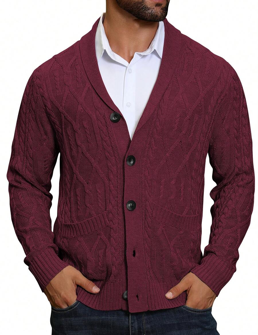 URRU Mens Shawl Collar Cardigan Sweater Casual Slim Fit Button Down Cable Long Sleeve Knitted Sweater With Pockets - Burgundy - View 1