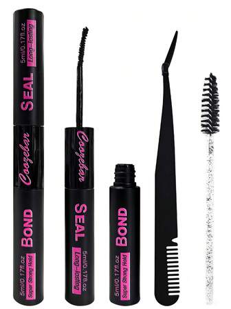 Pegamento de pestañas 2 en 1 para unir y sellar, a prueba de agua, negro, líquido, en tubo, con adhesivo de pestañas y sellador de pestañas, kit de pinzas para pestañas y cepillo para pestañas, apto para pestañas en racimo DIY, herramientas de maquillaje de pestañas postizas para el hogar