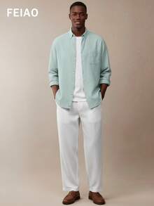 Áo sơ mi nam phong cách cổ điển FEIAO, toát lên vẻ sang trọng xưa cũ, chất liệu cotton nguyên chất cổ điển với cảm giác mềm mại như vải lanh, áo sơ mi dài tay cài cúc màu trơn, thoải mái và thân thiện với da, thanh lịch và đa năng, phù hợp cho mọi mùa. - xanh xám - Xem 7