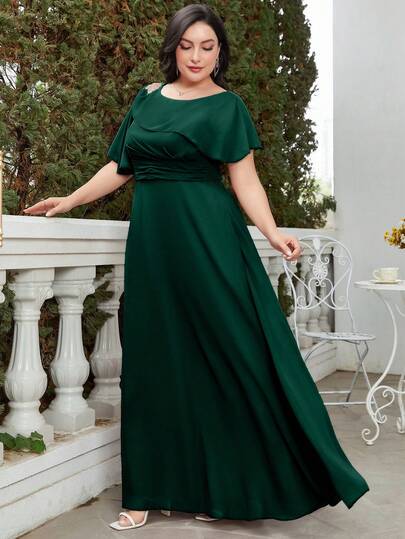 Vestido de dama de honor de gasa con cuello redondo, mangas de mariposa, cintura plisada y falda larga hasta el suelo para mujer talla grande