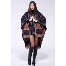 Women's Warm Shawl Wrap Cape Winter Cardigan Sweaters Open Front Poncho - A3-xanh nước biển - Xem 2