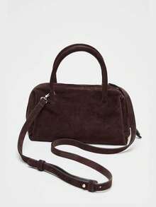 Women's Suede Shoulder Bag, Handbag & Crossbody Bag With Zipper, Bowling Bag Style, Boston Bag, Korean Fashion - Cà phê - Xem 2