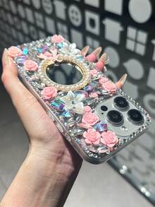 1 szt. Sheer Luxe Pearl Crown Mirror Sparkle Diamond Phone Case Round Bow Mirror Purple Pink Flower Party Phone Back Cover kompatybilny z Galaxy S23 S24 25 Ultra A15 A13 A56 A52 A53 A55 A26 A34 i kompatybilny z 15 12 13 14 16 Plus 17 Pro Max