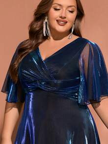 女士优雅渐变色鸡尾酒会礼服，正式高开衩长礼服，交叉荷叶边下摆，金属面料，适合正式活动、婚礼、毕业典礼、音乐会、春夏/秋季 - 藏蓝色 - 查看 11