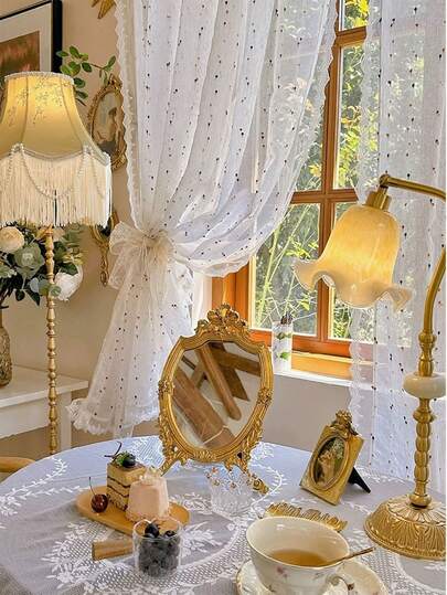 1pc French Dopamine Color Candy Bead Voile Curtain With Delicate Lace Trim, Bedroom/Living Room Window Curtain, Coffee Curtain, Home Decor