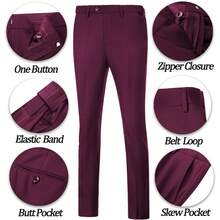 Traje slim fit para hombre de 3 piezas, traje formal de esmoquin de doble botonadura, conjunto de traje casual para boda, baile de graduación o novio - Burdeos - Ver 6