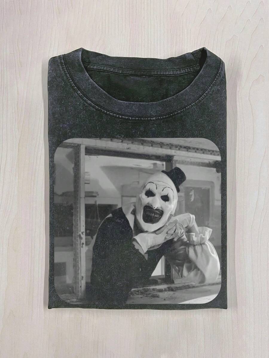 230g Washed Single-Sided T-Shirt, Art Clown T-Shirt, Movie Shirt, Fun Halloween Shirt, Gifts For Men And Women, Casual Round Neck, Men's And Women's Tops, Perfect Gifts. - 黑色 - 查看 1
