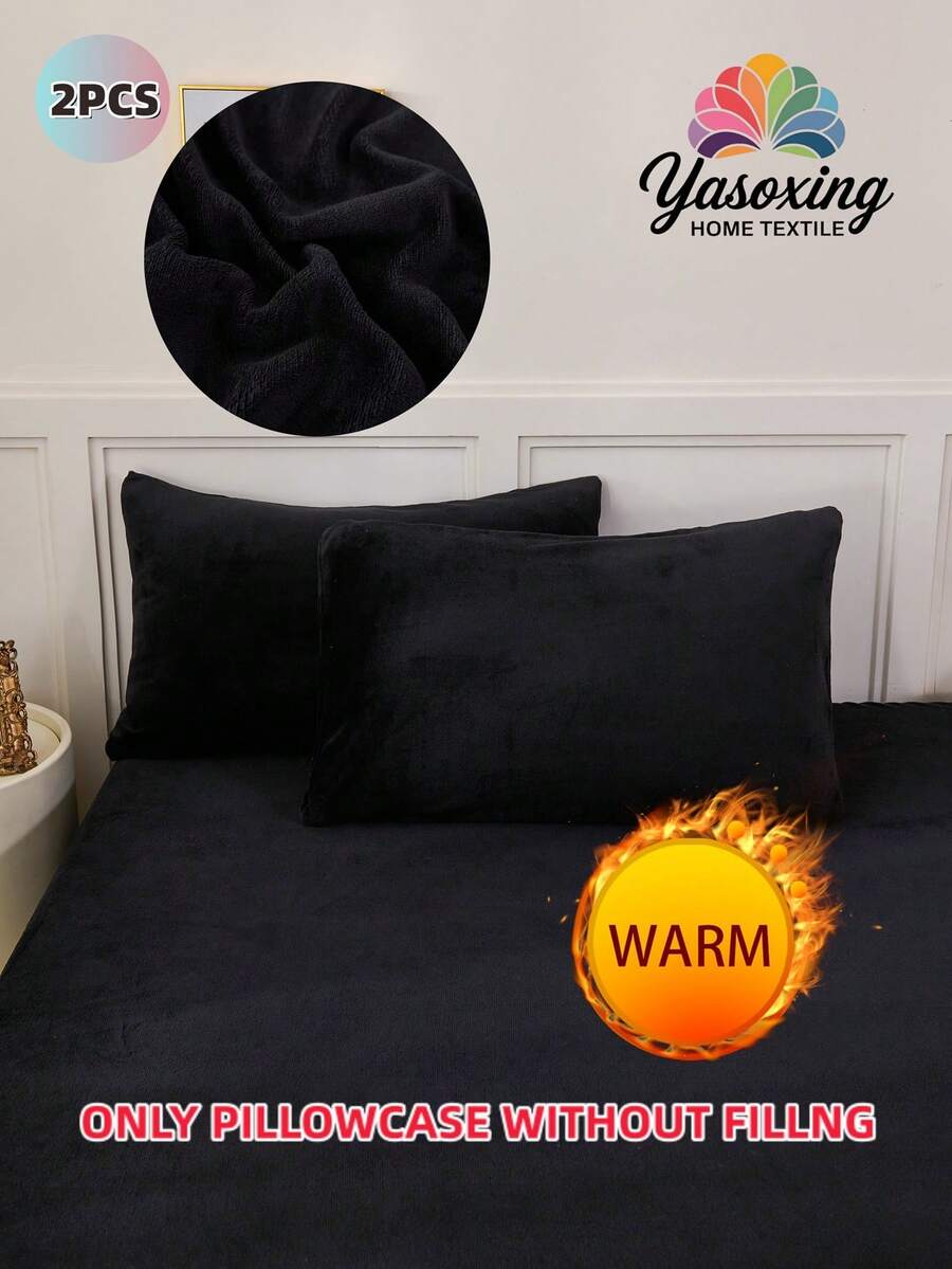 2 件套黑色超柔软天鹅绒温暖毛绒纯色枕套水晶羊毛枕套舒适轻便床上用品信封封口纯色床枕套，适用于卧室宿舍床上用品背面学校床上用品单人床大号双人床特大号床 - 黑色 - 查看 1