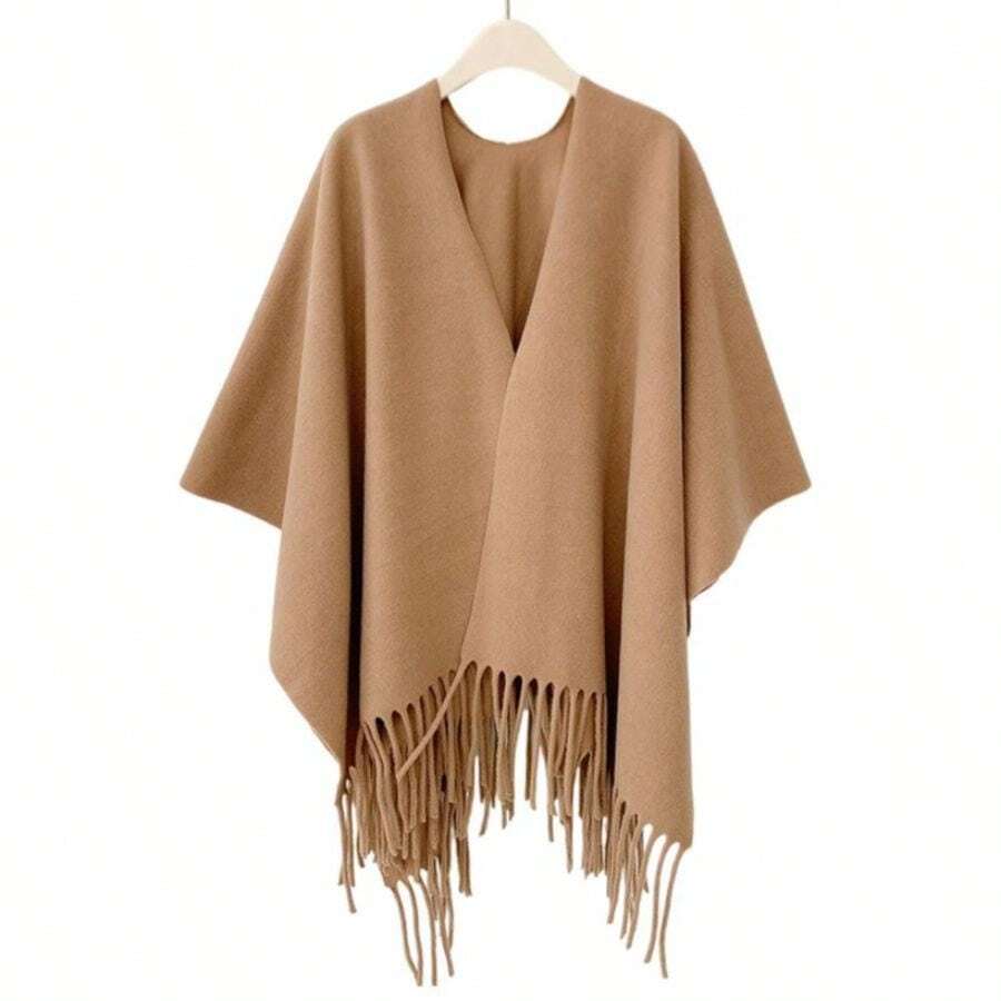 Women's Oversized Fringe Poncho Shawl Wrap Office Air-Conditioned Room Shawl Outer Wear Women's Four Seasons Cloak Travel Wear Cloak Airplane Blanket In Various Colors - Lạc đà - Xem 1
