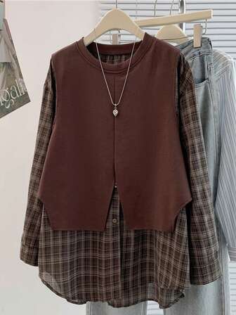 Autumn New Loose 2 In 1 Design Unique Plaid Long Sleeve Shirt Patchwork Sweatshirt Top For Women