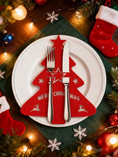 12件装圣诞树餐具收纳袋，毛毡餐具袋，圣诞餐桌装饰，圣诞树餐具收纳袋，圣诞餐具收纳袋，毛毡餐桌装饰，圣诞餐桌装饰餐具袋，毛毡叉勺袋，家居房间装饰，厨房，圣诞节 - 红色