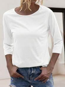 Women's Fashionable Sports Round Neck 3/4 Sleeve T-Shirt Solid Color Casual Basic Top - 白色 - 查看 1