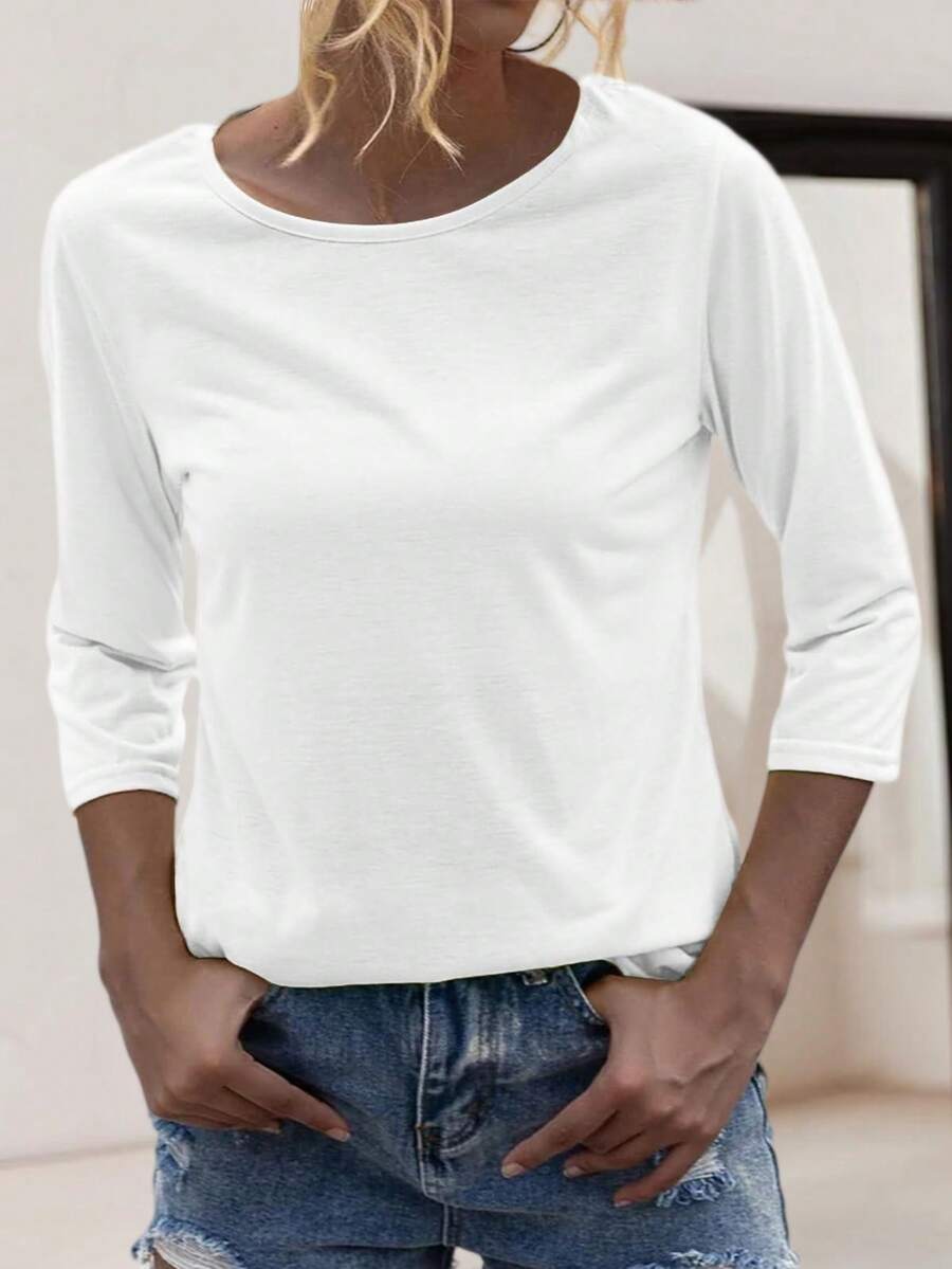 Women's Fashionable Sports Round Neck 3/4 Sleeve T-Shirt Solid Color Casual Basic Top - 白色 - 查看 1