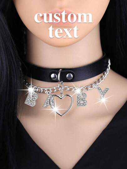 Anpassade glänsande kedjebokstäveraccessoarer för kvinnor, punksmycken choker sexigt PU-läder hjärtkedja halsband, mörkt gotiskt Y2K modehalsband