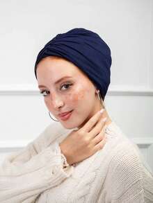 1pc Women's Pleated Elastic Turban Cap, Breathable Comfortable Stretchy Sweatband Headwrap, Versatile For Daily, Sports, Yoga, Fitness And Fashion Styling - Navy Blue - View 2