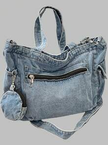 DareSee Sac fourre-tout en denim de couleur unie avec plusieurs poches pour femmes, incluant un porte-monnaie, pour festival de musique, festival Y2K, rentrée scolaire, cadeaux d'automne et d'hiver, festival de musique, rentrée scolaire - Bleu azur - Voir 2