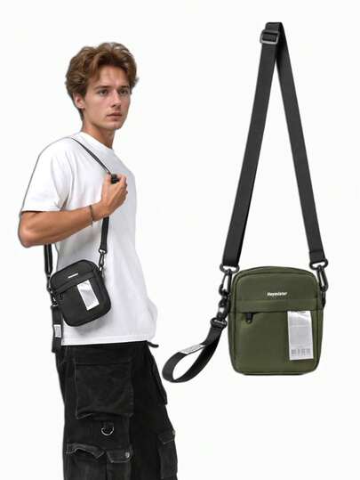 1pc Men's Simple Solid Color Nylon Zipper Sling Bag, Versatile Daily Commute Travel Messenger Bag For Men