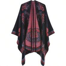 Women's Warm Shawl Wrap Cape Winter Cardigan Sweaters Open Front Poncho - Y11-腰果黑紅 - 查看 1