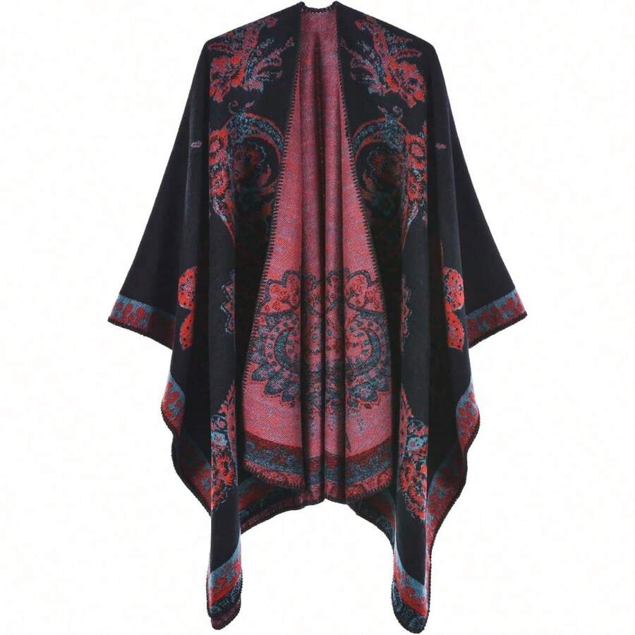 Women's Warm Shawl Wrap Cape Winter Cardigan Sweaters Open Front Poncho - Y11-腰果黑紅 - 查看 1