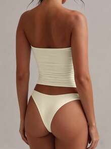 XLLAIS 性感无肩带基础款背心，时尚纯色弹力修身抹胸上衣，适合女性四季穿着 - 米色 - 查看 2