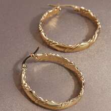 1pair Fashionable Stainless Steel Gold Hoop Earrings With Simple Patterned Design For Women's Daily Wear Clothing & Accessories - Vàng - Xem 5