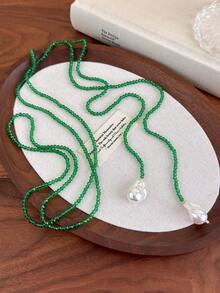 1pc French Retro Niche Design Asymmetric Pearl & Black Crystal Necklace, Multi-Wear Long Clavicle Chain, Ins Style