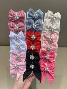 6 件随机彩色纯色华夫格纹理蝴蝶结水钻发夹，甜美女孩公主发饰，适合日常佩戴和派对 - 彩色 - 查看 7