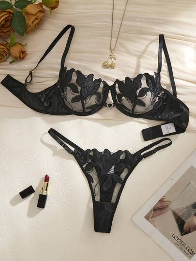 Com Tafel Zachte Geborduurde Verleidelijke Lingerie Set Steel Rims, Heart Shaped Two Pieces Adjustable Shoulder Straps BH Underwear, That Can Be Worn All Year Round,