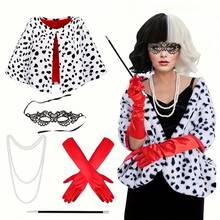 7-Piece Halloween Costume Set, Black And White Spotted Shawl, 1920s Red Gloves, Black And White Wig, Eye Mask, Necklace, Suitable For Adults, Perfect For Dressing Up Parties - A - View 2