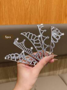 5pcs Silver Crown Tiara, Fashionable & Sweet Style, Suitable For Performance And Birthday Party, Affordable Hair Accessories - 銀色 - 查看 3