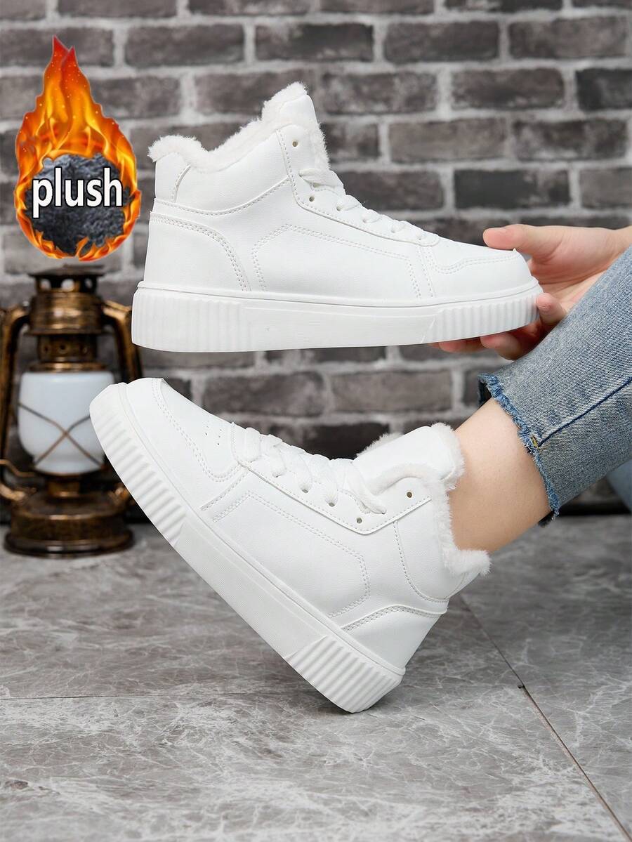 情侣鞋 尺码 36-45，女士时尚运动鞋 PU 皮革休闲系带平底鞋，男士高帮纯色运动鞋/滑板鞋，白色低帮网球鞋，时尚日常休闲白鞋，女士白色帆布平底鞋，男士保暖棉质鞋，女士踝靴 - 白色 - 查看 1