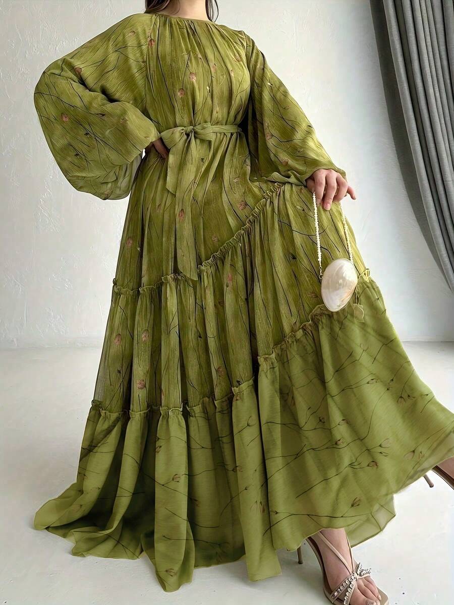 Women's Fashionable Arabic Style Summer Dress - Green - View 1