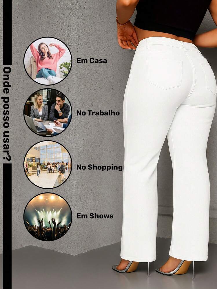 Calça Jeans Flare Boca de Sino Feminina Cintura Alta Tecido Premium Branca - Branco - Visão 2