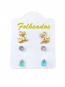 Kit 3 Pairs Of Small Gold Plated Earrings For First, Second And Third Holes, Various Models, Rhinestone Stones - MODELO 04 - Ver 1