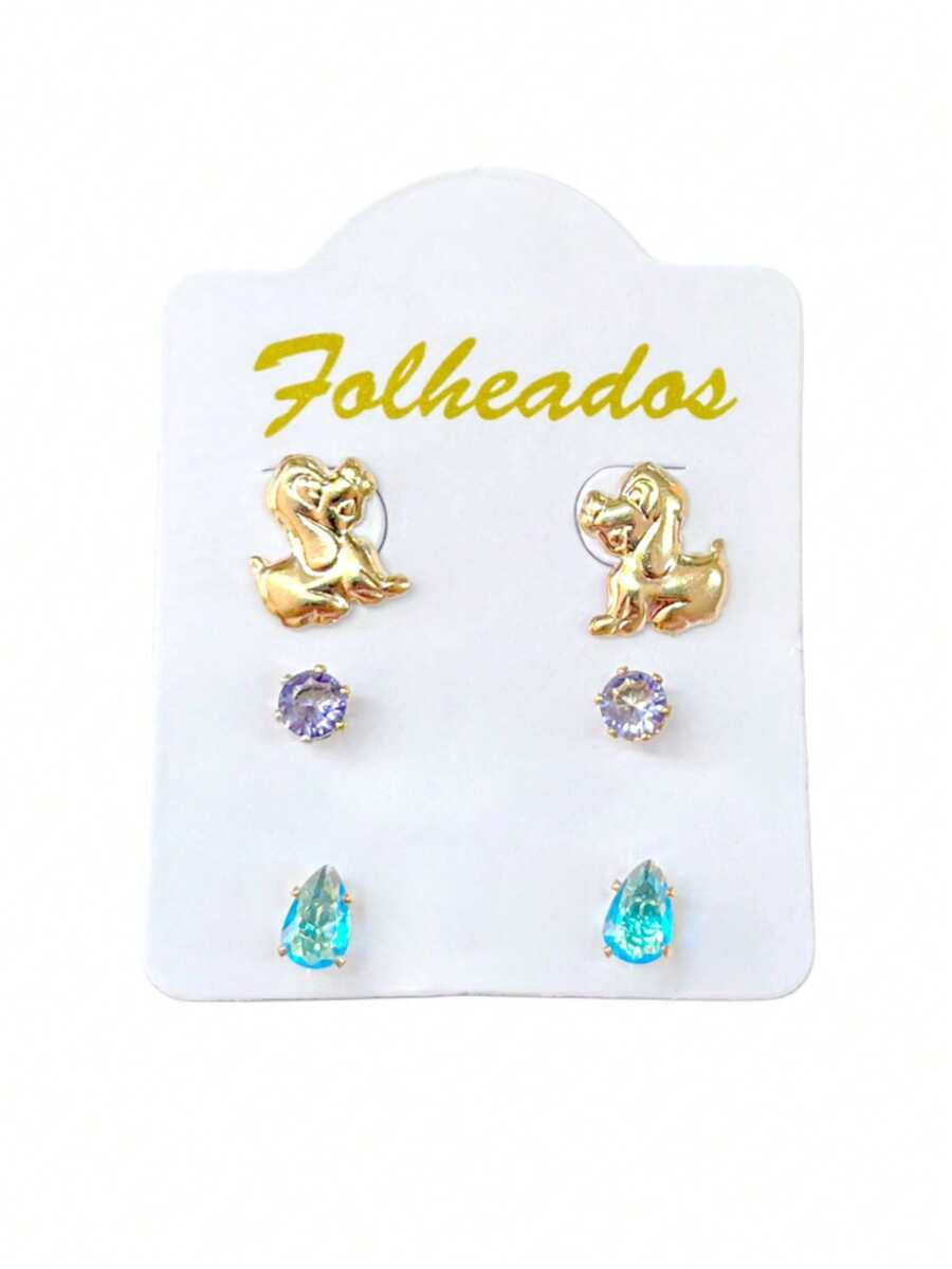 Kit 3 Pairs Of Small Gold Plated Earrings For First, Second And Third Holes, Various Models, Rhinestone Stones - MODELO 04 - Ver 1