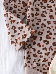 DILAVEL 3件套新生儿秋冬长袖连体衣套装，刺绣花卉图案，豹纹印花，圆领设计，适合户外穿着 - 米色 - 查看 9