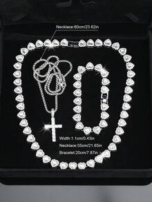 مجموعة مجوهرات كوبية على شكل قلب بطراز الهيب هوب - 3 قطع (قلادة وسوار)، مع قلادة من الفولاذ المقاوم للصدأ بشكل صليب، مجوهرات باردة، مناسبة للرجال والنساء، مناسبة للارتداء اليومي، الحفلات، هدايا عيد الميلاد/عيد الحب