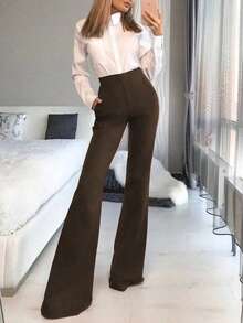 优雅高腰酒红色喇叭裤，通勤百搭 - 棕色 - 查看 4